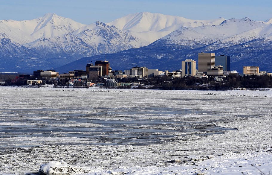 city near mountain, Anchorage, Alaska, Skyline, Mountains, anchorage, alaska, snow, winter, chugach mountains, buildings