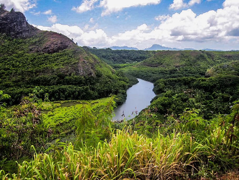 Hawaii, Kauai, Wailua, río, naturaleza, paisaje, ruta de senderismo, cielo, montaña, escénico