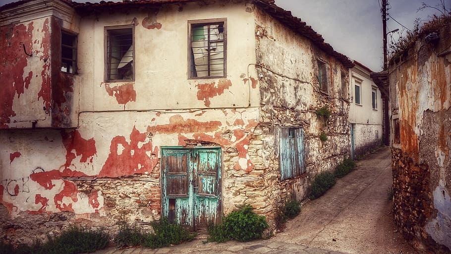 通り, ギリシャ, 古い家, 旧市街, クロット, 古いドア, ギリシャの島, 古い, 放棄された, 家