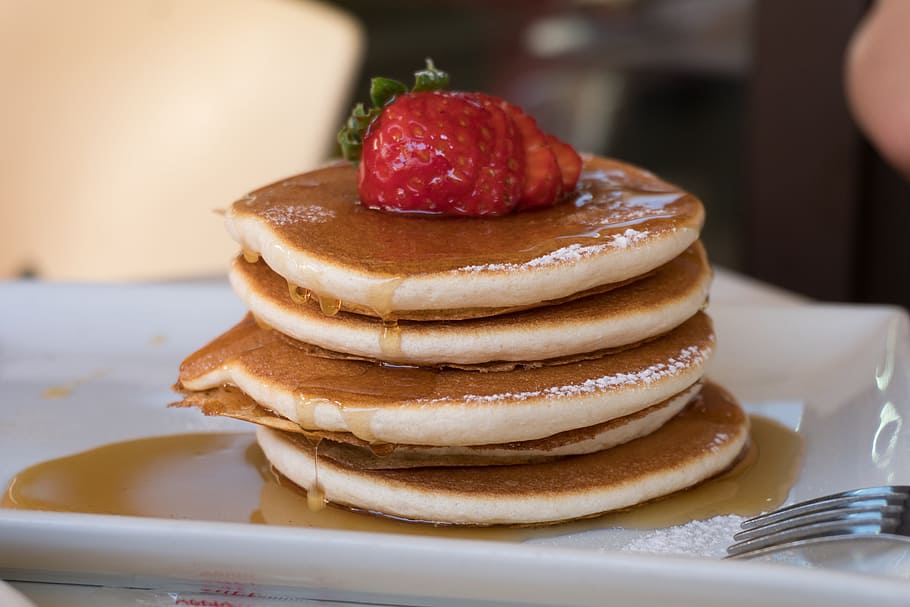 pancakes, food, strawberry, honey, plate, breakfast, food and drink, stack, sweet food, indulgence