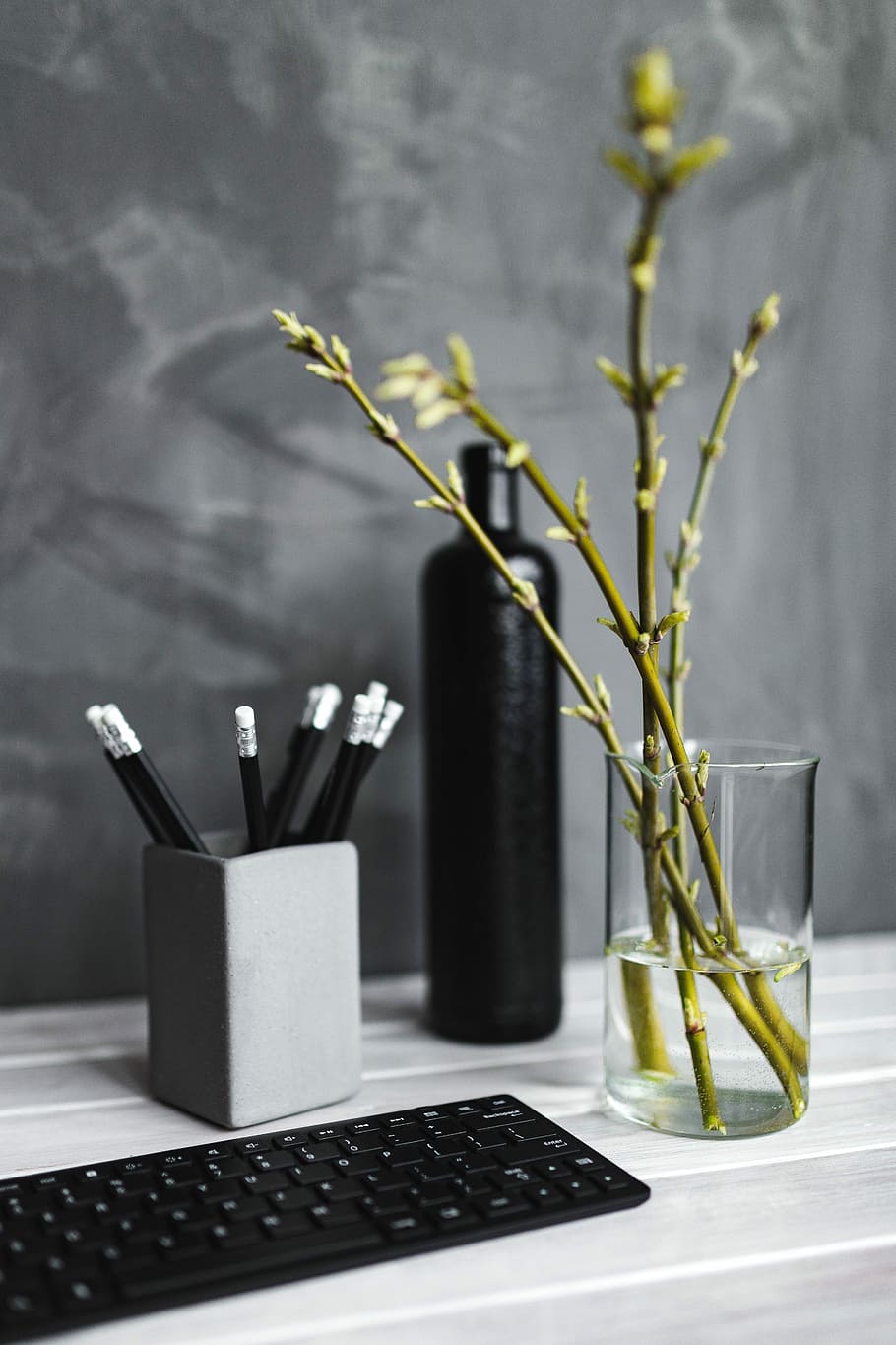 black, keyboard, pencils, white, table, bottle, plant, no People, indoors, vase
