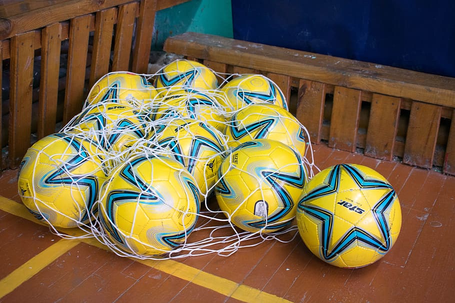 mini football, ball, sports, football, hall, play, wood - material, yellow, still life, high angle view