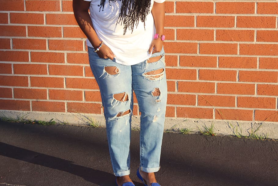 fashion, ripped jeans, denim, people, woman, accessories, wall, black, one person, casual clothing
