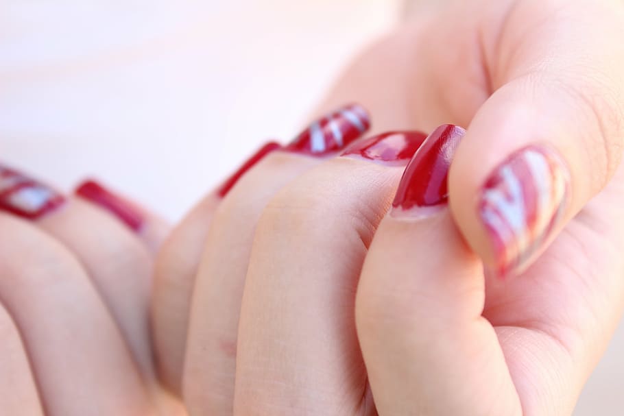 person, taking, red, manicure, nails, fingers, hand, female, woman, girl