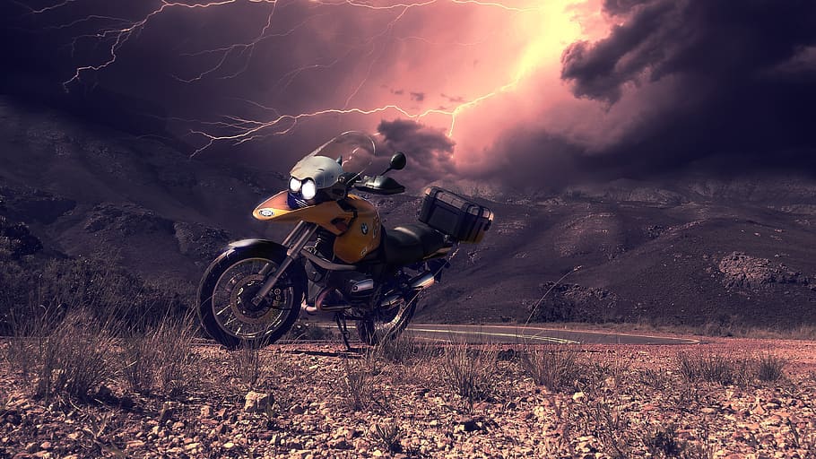 motocicleta, tormenta, clima, noche, occidental, capa, pasar, bmw, dramático, estado de ánimo