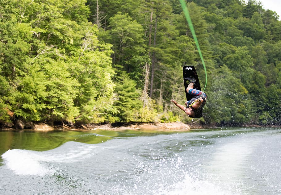 man wakeboarding, daytime, man, wakeboarding, nature, river, water, outdoors, people, forest