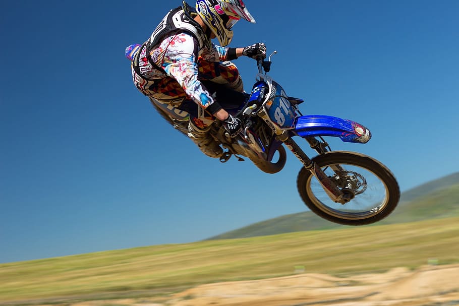 man, wearing, motocross gear, set, riding, blue, motocross bike, stunt, motocross, gear