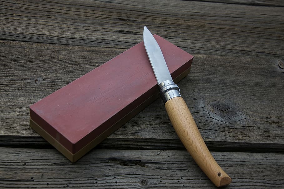 knife, grinding, sharp, cut, metal, blade, steel, wood - material, still life, table