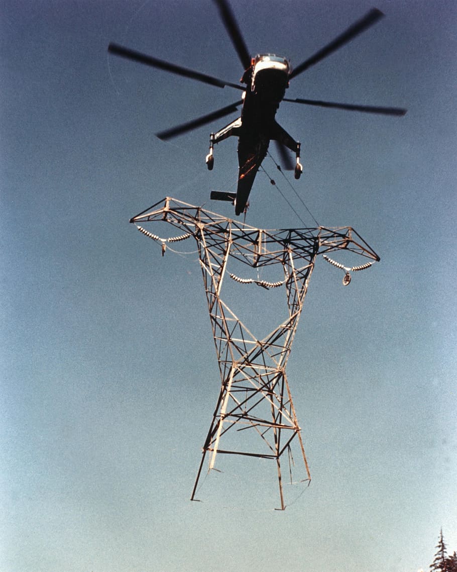 Power Line, Tower, Electricity, helicopter, transporting, equipment, construction, sky, flying, technology