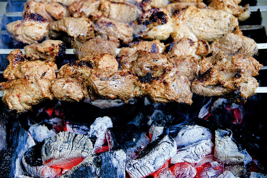carbones, shish kebab, mangal, picnic, carne, comida, fritura, brochetas, frito, fuego