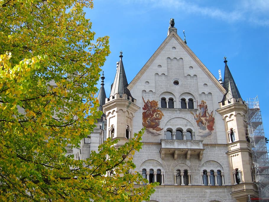 가을, 성, 푸른 날, 풍경, 노이 슈반 슈타인 성, 독일, 나무, 건물 외관, 건축물, 건축 된 구조