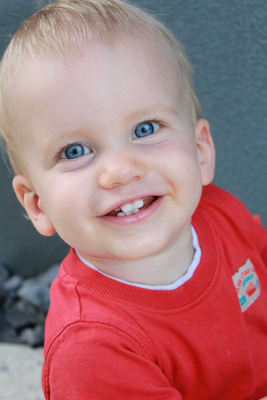 boy, smiling, wearing, red, crew-neck t-shirt, baby, smile, cheese, cute, face