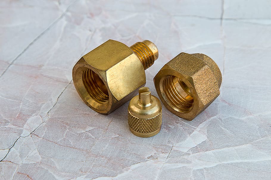 three, gold bolt fasteners, tile, fittings, hardware, piping, connector, golden, industrial, gold