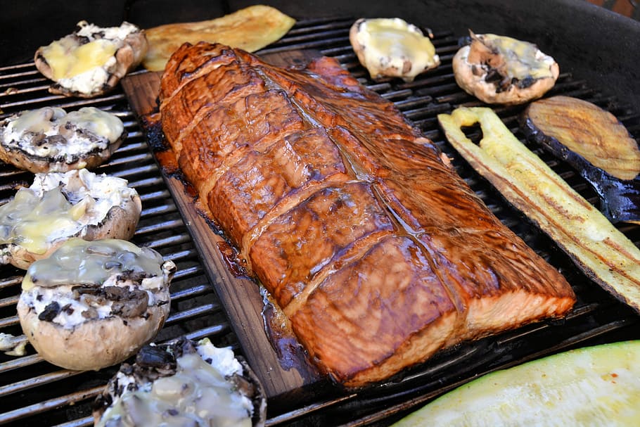 Barbecue, Salmon, Stained, Planked, delicious, salmon fillet, food, cedar, grilled, food and drink