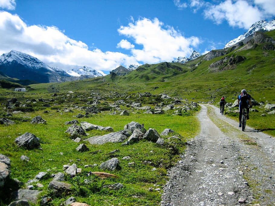 person riding bike, mtb, mountain bike, alpine, transalp, mountains, cycling, away, bike, nature