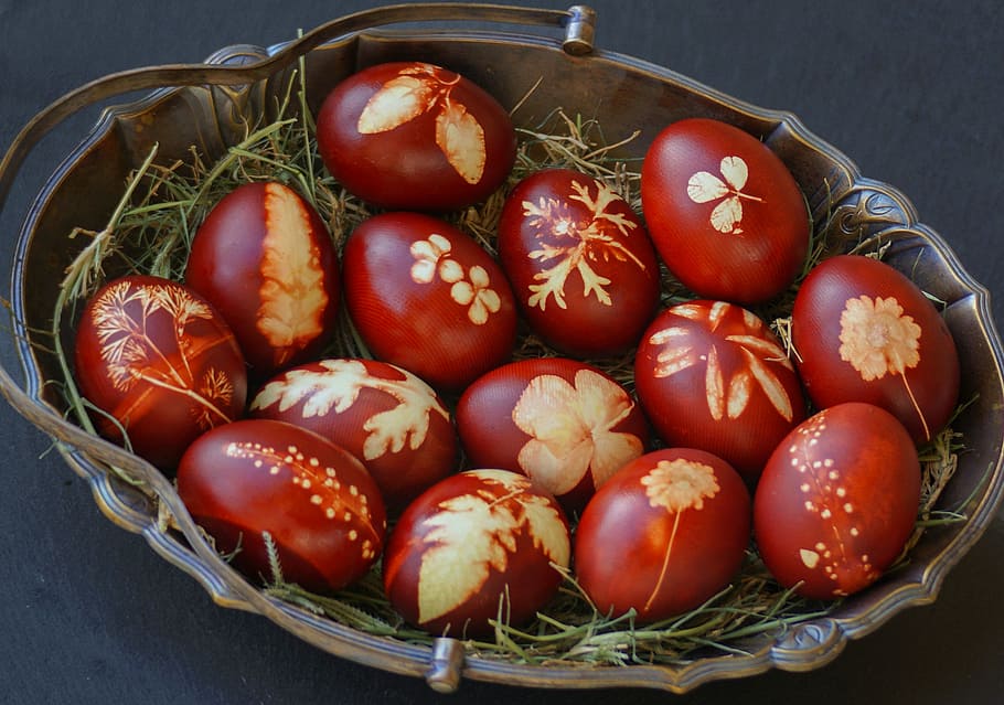 red-and-brown eggs, tray, easter eggs, eggs, easter, romanian eggs, traditional, european, homemade, decorations
