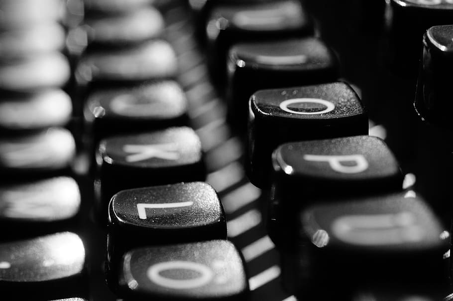 close-up, grayscale photography, typewriter keys, typewriter, keyboard, black white, black and white, keys, letters, selective focus