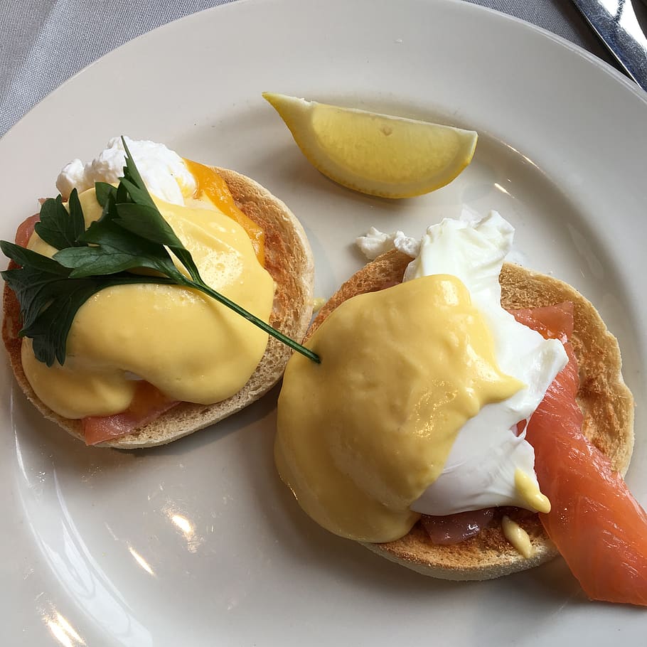 breakfast, eggs, eggs benedict, poached eggs, food, meal, healthy, morning, brunch, plate