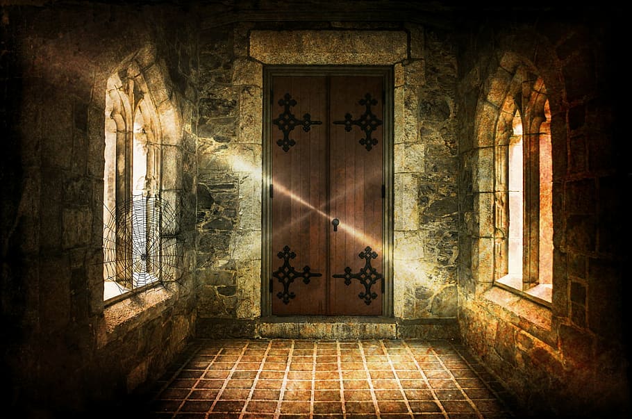 brown, wooden, door, closed, golden, hour photography, haunted castle, castle, closed transition, gang