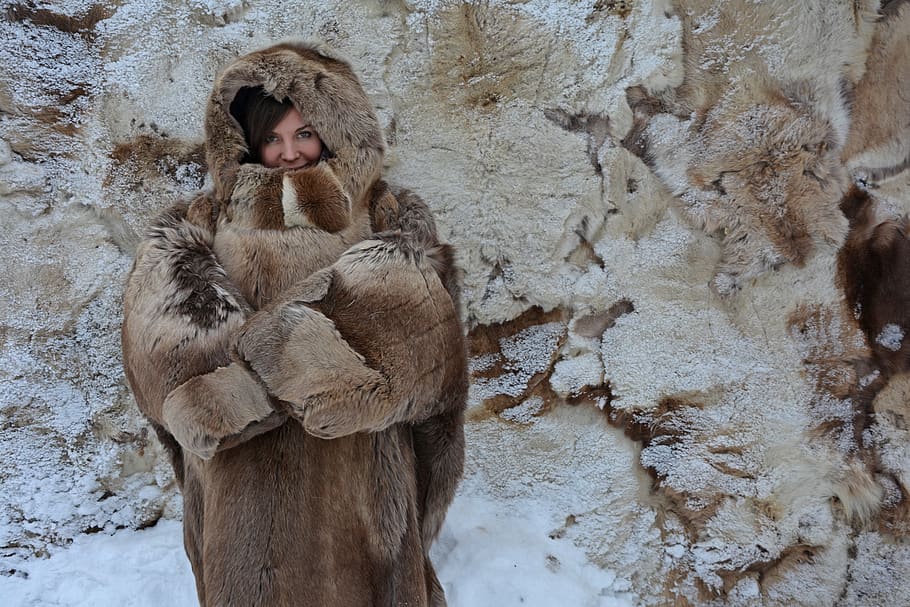 inverno, casaco de pele, frio, friamente, geada, mulher, menina, peles, vila sami, norte russo