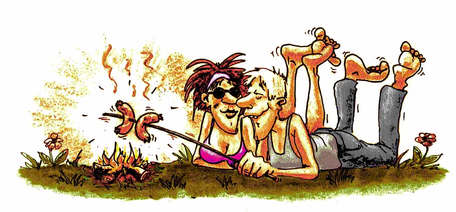 woman, man barbecuing clip art, barbecue, sausage, bratwurst, fire, summer, grill sausages, couple, caricature
