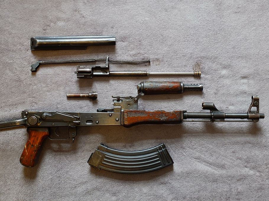disassembled, gray, brown, rifle, ak47, terror, terrorism, military, war, violent
