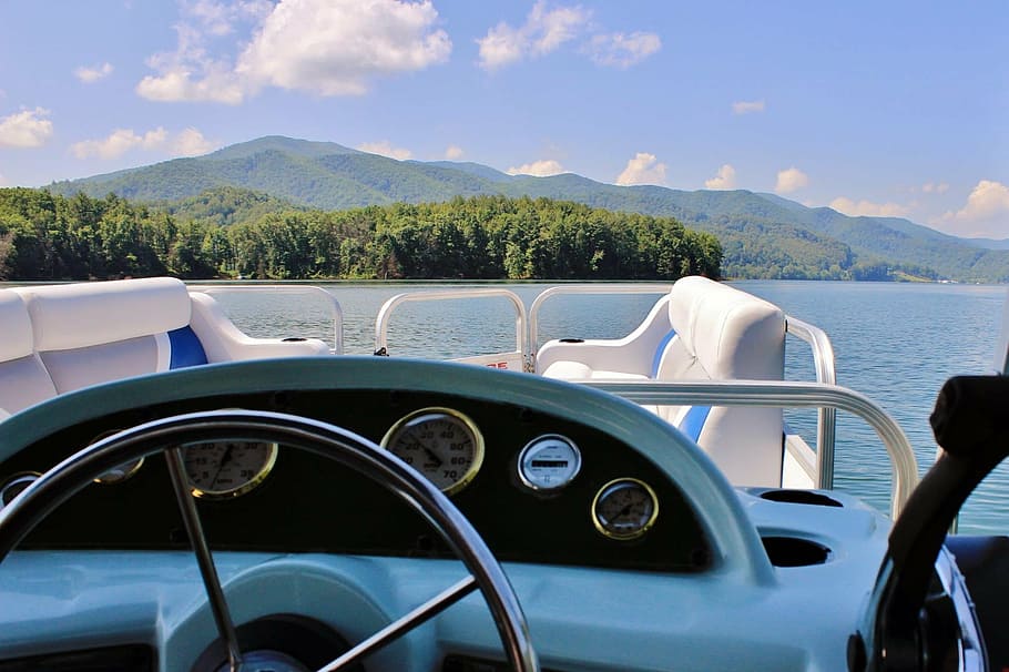 mountains, lake, pontoon, boat, water, sky, view, quiet, calm, transportation