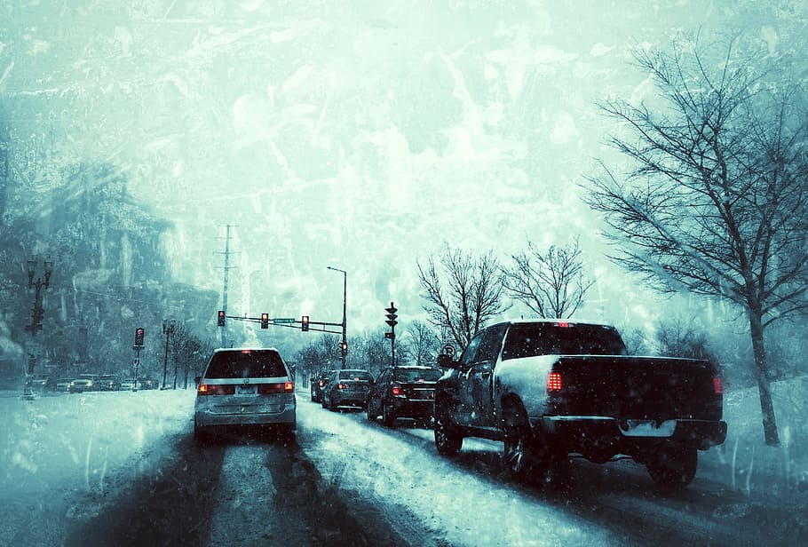 vehicles, stopped, front, traffic light, driving, winter, snow, road, car, drive