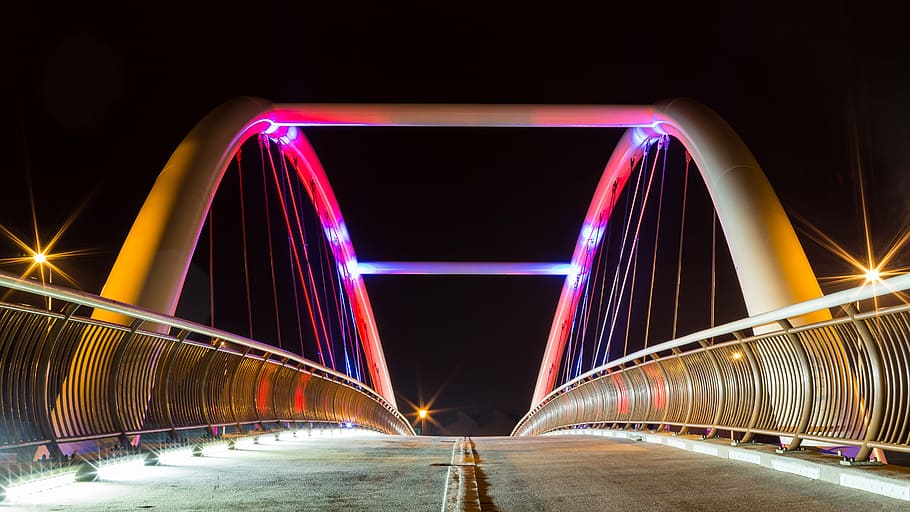 empty, suspension bridge, lighted, arc, bridge, nightime, architecture, lights, night, evening