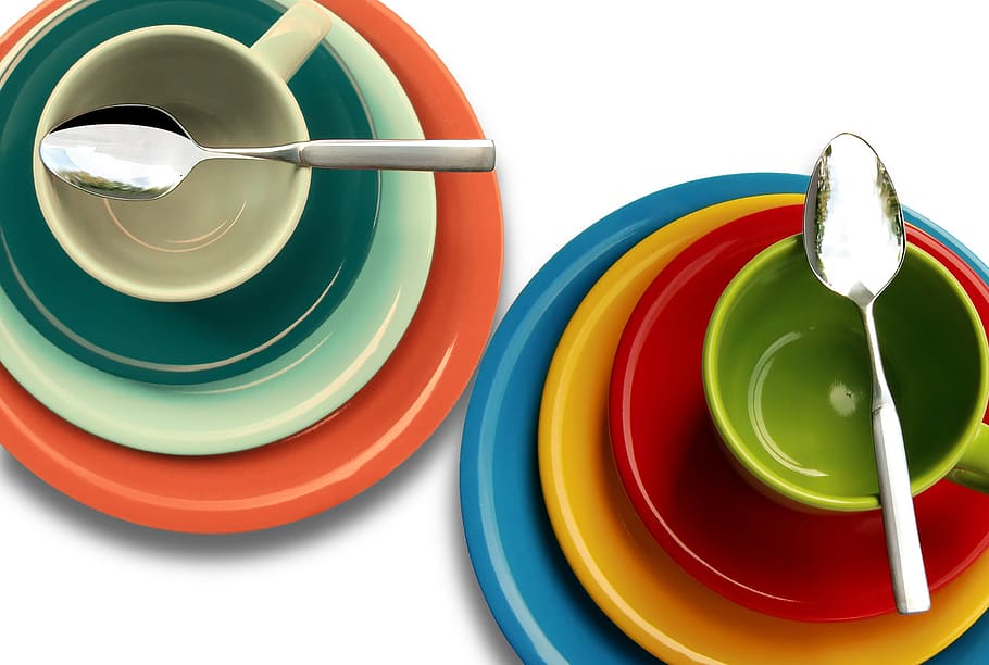 assorted-color, plates, bowls, saucers, cups, stainless, steel spoons, set, ceramic, dinnerware