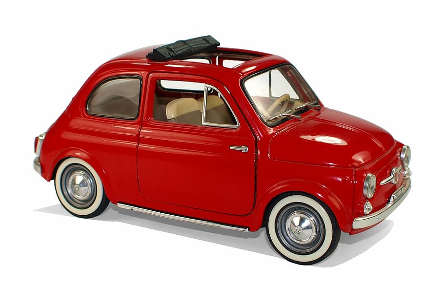 red 3-door hatchback, fiat, model cars, collect, hobby, leisure, italy, red, white background, transportation