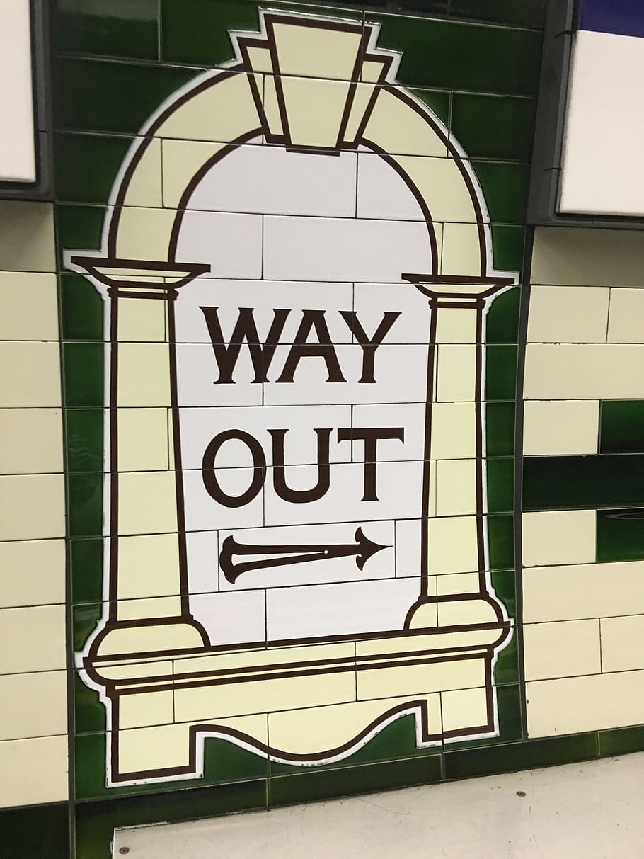 This Way Out, Sign, London, way out, underground, tube, building Exterior, architecture, text, guidance