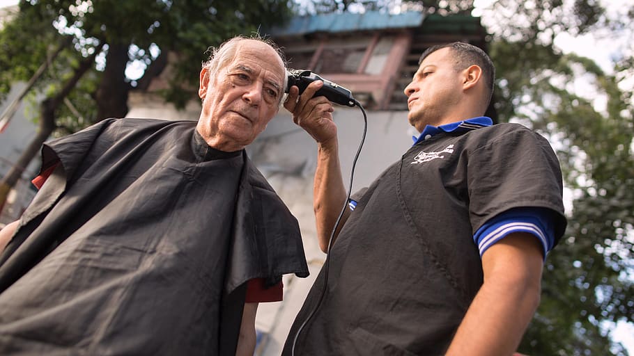 barber, street barbershop, haircut, old man, hairdresser, shave, chair, razor, scissors, men