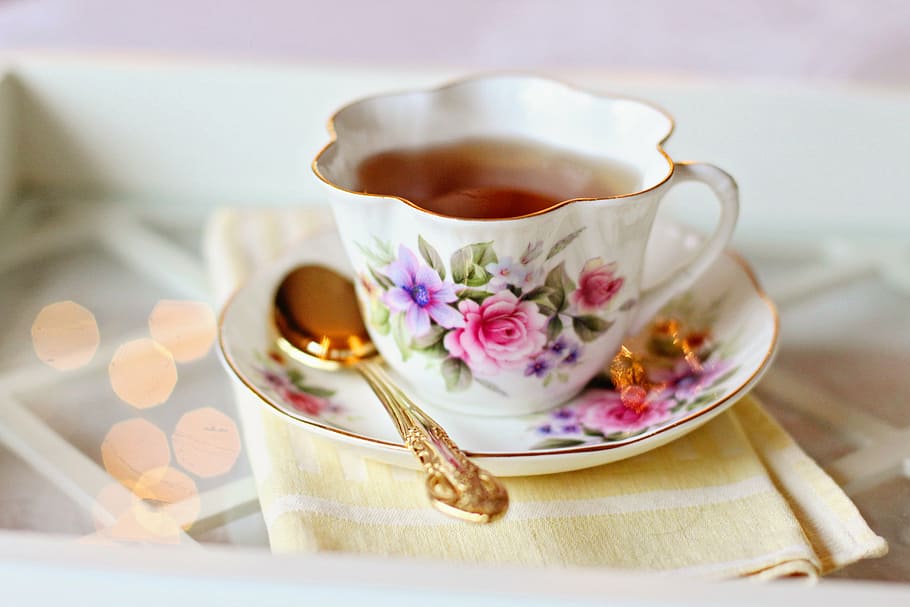branco, rosa, floral, cerâmica, xícara de chá, pires, xícara de chá vintage, chá, café, flores