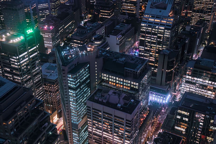 aerial, shot, city buildings, night, Aerial shot, city, buildings, at night, urban, business