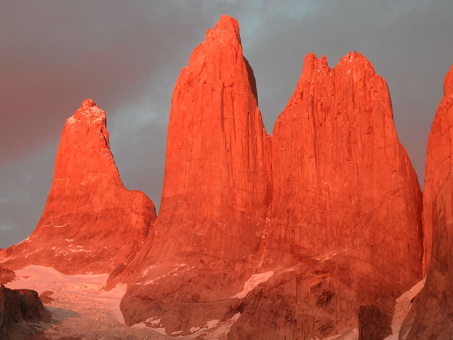 orange, rock formation, golden, hour, torres del paine, mountains, granite, granite rock, chile, sunrise