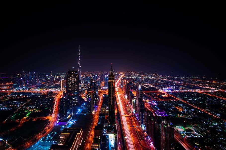 city lights, dubai, cityscape, emirates, travel, architecture, skyscraper, urban, modern, downtown