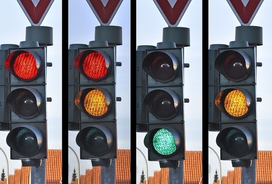 four, traffic lights turned-on collage, traffic light, signal, traffic, street, road, sign, safety, stoplight