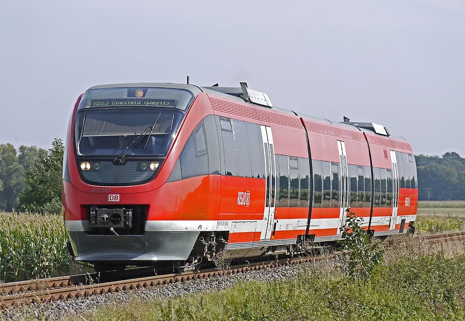 tren rojo, tren regional, vagones de ferrocarril, talento, ramal, vía única, en tres partes, diesel, vagón diesel, luz superior
