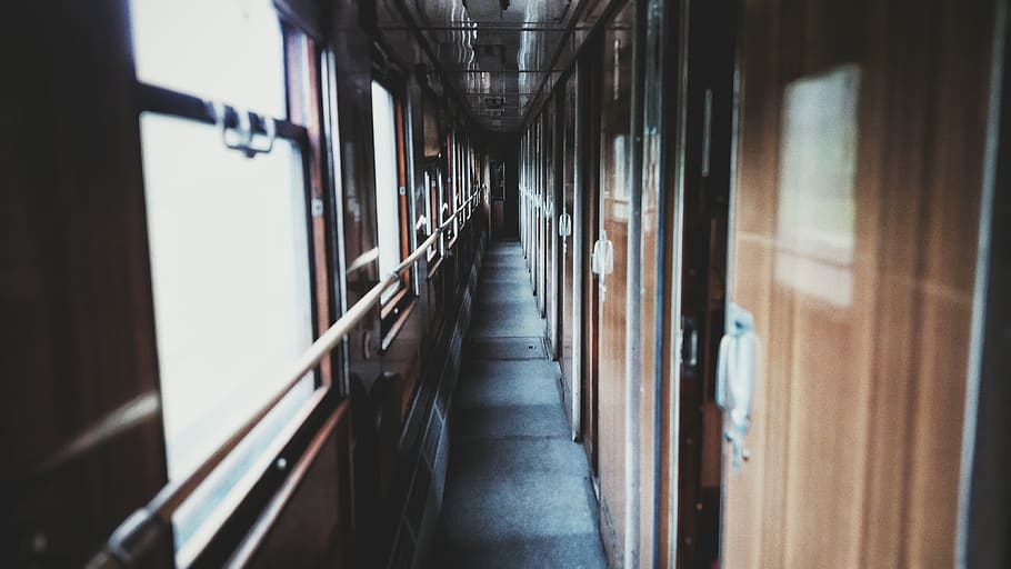 pasillo, tren, viaje, puertas, ventanas, acero, vidrio, madera, transporte, adentro