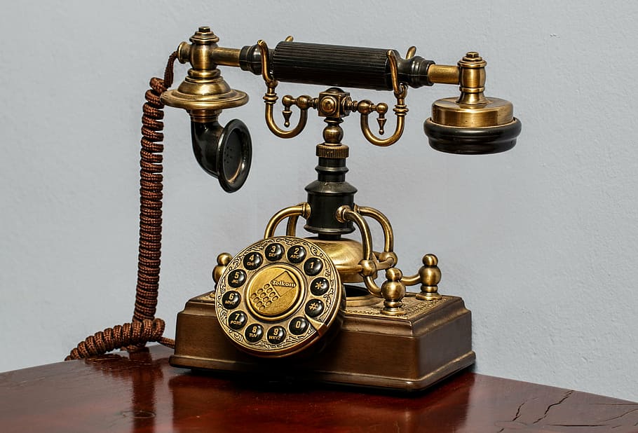 closeup, vintage, brown, rotary, dial phoine, telephone, communication, call, dial, phone