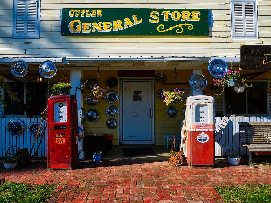 gas, pump, machines, outside, cutler, general, store, general store, shop, building