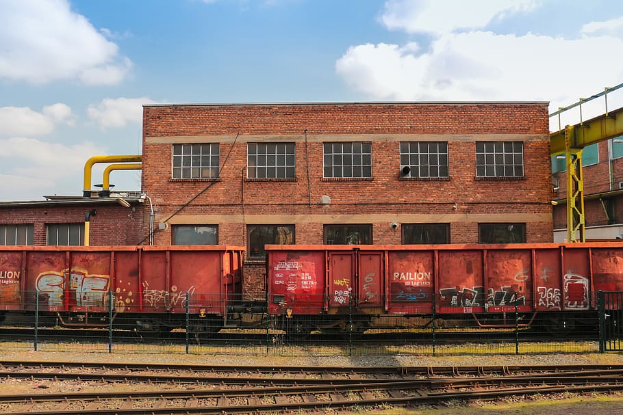 architecture, old, building, train, old building, freight train, transport, turned off, railway, rail traffic