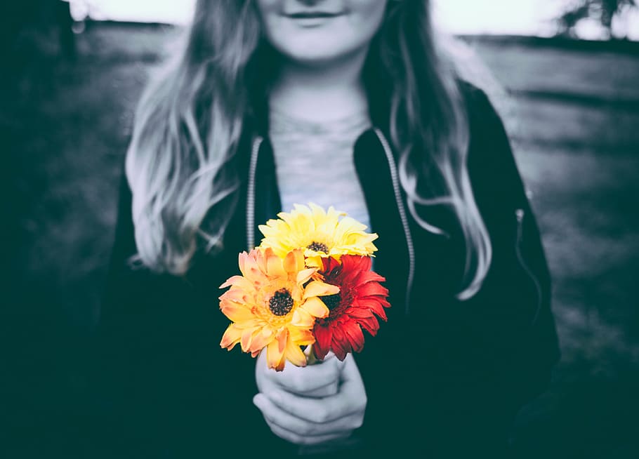 selective, girl, holding, flowers, gray, scale, photography, woman, black, jacket