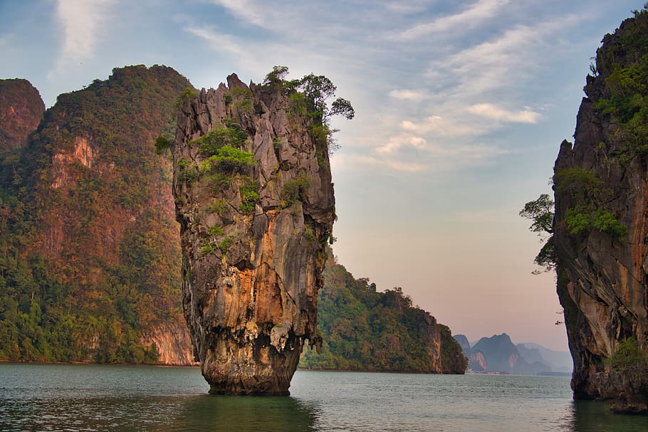 khao phing kan, james bond island, rock, pinnacle, khao ta-pu, water, sea, thailand, beauty in nature, scenics - nature