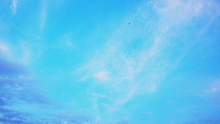 biru, langit, awan, sinar matahari, musim panas, pesawat terbang, terbang, transportasi, perjalanan, awan - langit