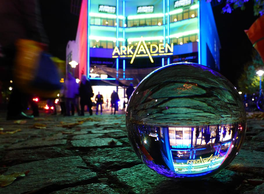 shopping centre, glass ball, lighting, neon sign, shopping, lights, photo effect, architecture, building, commercial building
