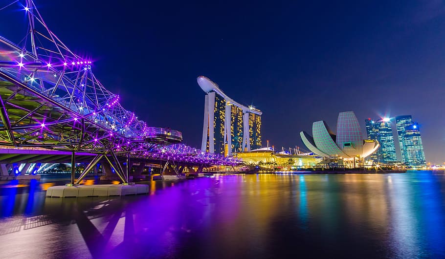 마리나 베이 샌즈, 싱가포르, 마리나 베이, 나선, 도시 풍경, 밤 짧은, 밤, 조명을받은, 건축물, 시티