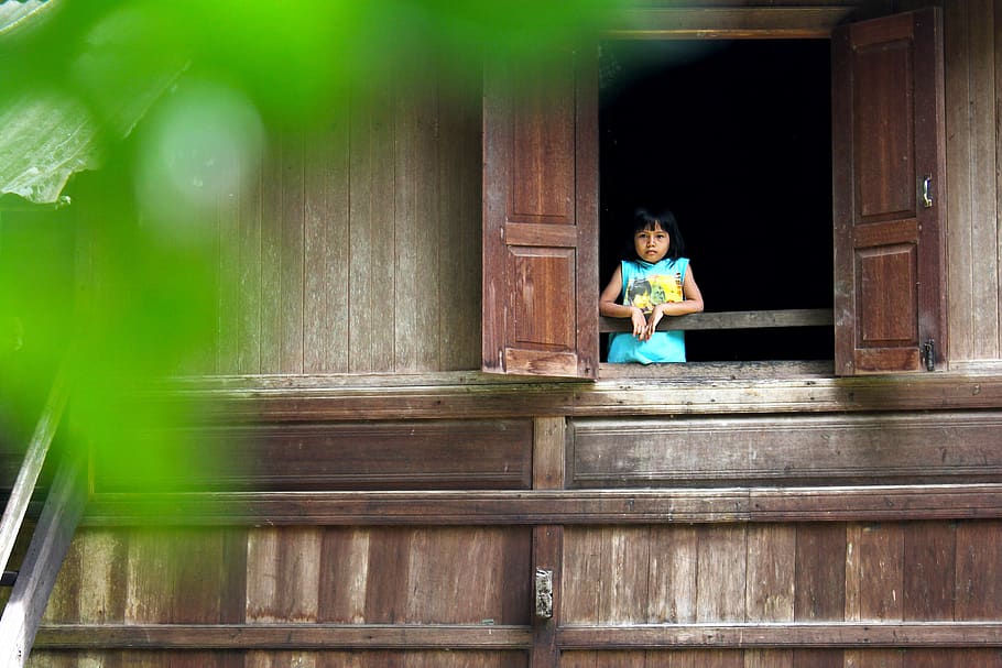 niña, adorable, hermosa, ventana, casa, tradicional, madera, de madera, mirando, cultura