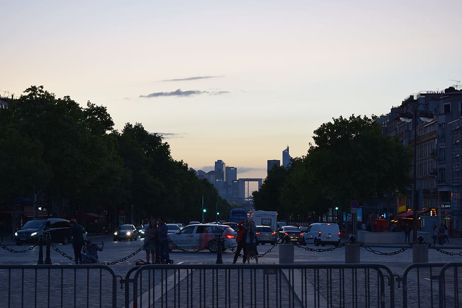 cielo, ciudad, tarde, automático, París, puesta de sol, arquitectura, tráfico, cielo de la tarde, carretera